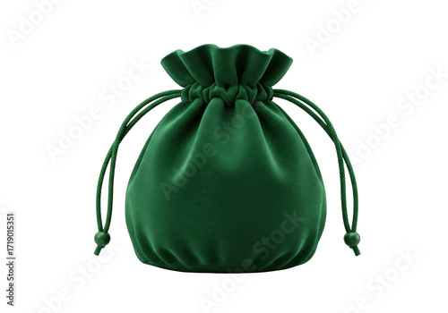 Isolated velvet gift bag or jewelry pouch in dark green, closed, with drawstring
