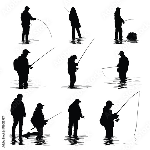 Collection of diverse fisherman silhouettes in various poses isolated on white background