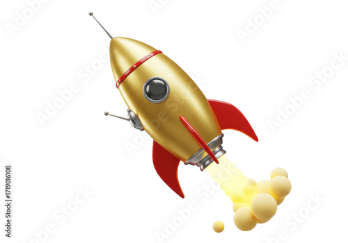 Fototapeta Naklejka Na Ścianę i Meble -  Isolated gold rocket ship with red wings launching into space for a cosmic journey