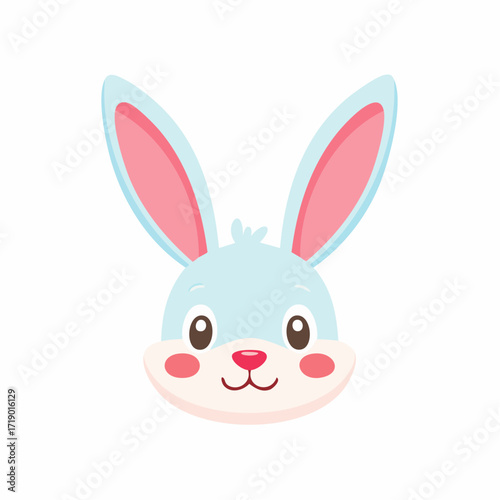 Cute blue bunny smiling with rosy cheeks on white background, creating a cheerful and playful mood for children's content.