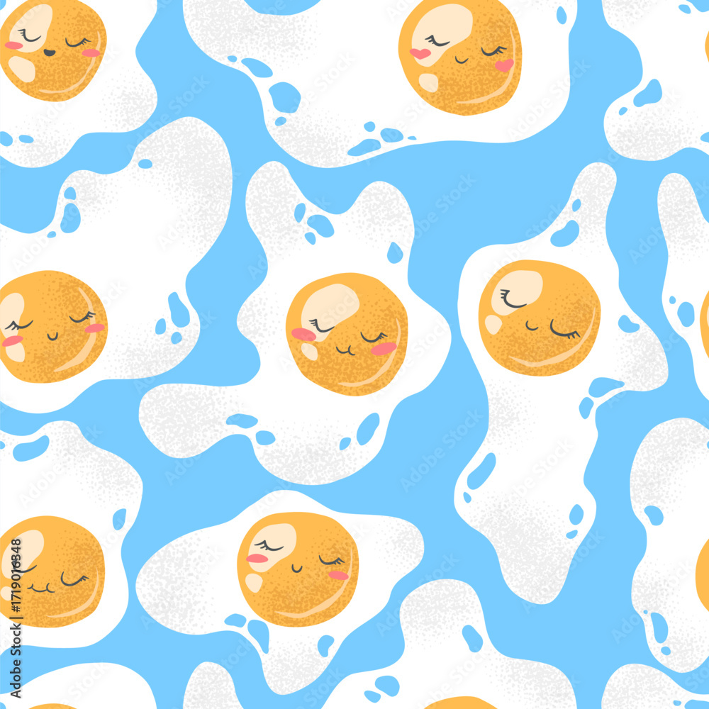 Fototapeta premium Vector illustration of cute hand drawn fried eggs seamless pattern isolated on blue background. Funny cartoon style character design for card, poster print, fabric printing, breakfast menu