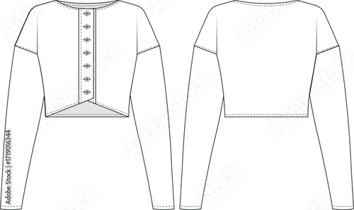 round crew neck drop shoulder long sleeve buttoned loose slouchy crop croped blouse top cardigan sweater knitwear template technical drawing flat sketch cad mockup fashion woman design style model 
