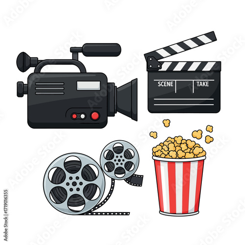 Classic Filmmaking Symbols Include Video Camera Film Reels and Popcorn Tub