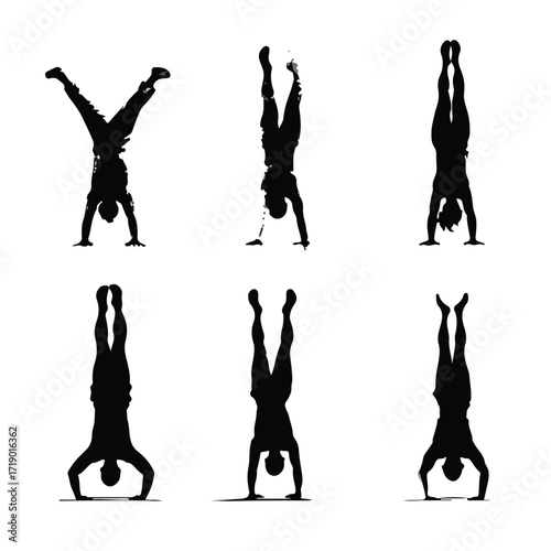 Set of diverse gymnastics handstand poses silhouette isolated on white background
