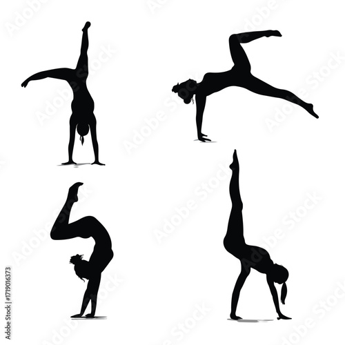 Dynamic gymnastics silhouette set featuring handstand poses isolated on white background