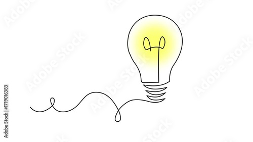 Animated glowing light bulb with a single line drawing concept for ideas and innovation, illuminating yellow light on a clean white background, perfect for presentations.