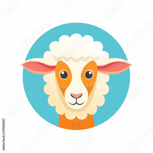 Cute sheep stares forward against a blue circle, creating a simple and charming animal portrait that is suitable for children's content.