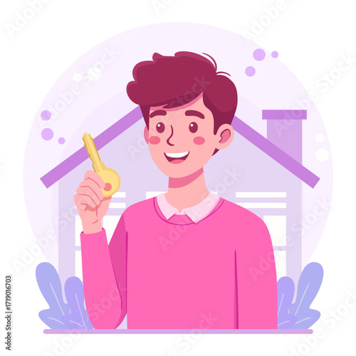 Real Estate and Home. Man Holding a House Key Vector Illustration