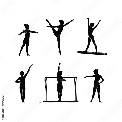 Dynamic gymnastics uneven bars silhouette set for athletic designs isolated on white background