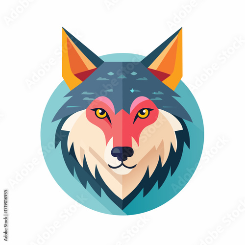 Geometric wolf head stares intensely from a circular badge, showcasing sharp angles and vibrant colors in a modern, stylized representation.