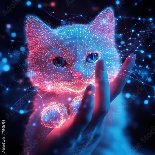 Digital kitten held in a hand, glowing with light