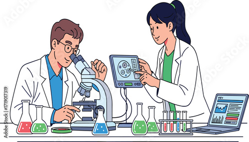 Scientists working in laboratory with microscope, chemical experiment research, medical science technology, biology analysis, professional lab teamwork, scientific innovation study