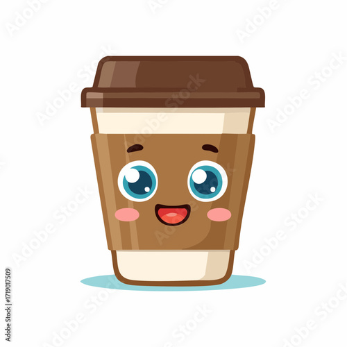 Cute coffee cup character smiling cheerfully with a cardboard sleeve in a bright and playful style, perfect for a morning pickmeup.