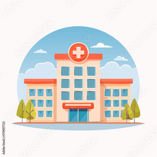 Hospital building stands tall against a blue sky with fluffy clouds, representing healthcare and medical services in a clean and modern style.