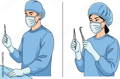 Surgeons in operating room, medical professionals wearing masks and gloves, surgery preparation with instruments, healthcare hospital operation, sterile environment surgical procedure