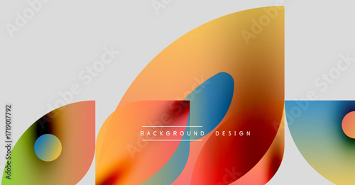 Abstract colorful shapes overlap, creating dynamic visual effect. Gradient hues blend smoothly, modern design element.