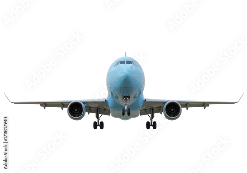 Isolated passenger aircraft approaching for landing, front view in sky during daytime
