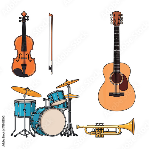 Collection of Musical Instruments Including Guitar Violin Drums and Trumpet