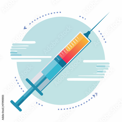 Syringe injecting colorful liquid against a light blue circular backdrop, symbolizing medical treatment and healthcare solutions with a modern aesthetic.