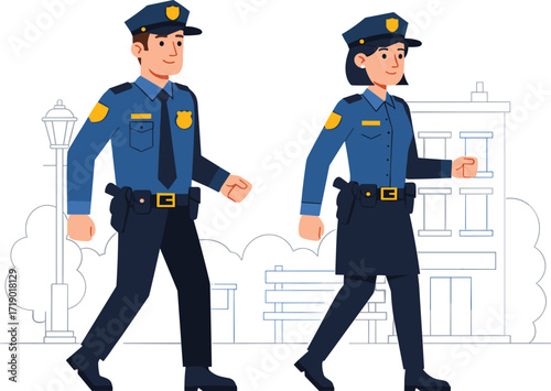 Police officers patrolling city streets, law enforcement duty, public safety protection, man and woman in uniform walking, urban security service teamwork