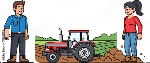 Farmers working together in agriculture field, modern red tractor plowing soil, farming lifestyle, rural countryside, sustainable agriculture, farmland cultivation process