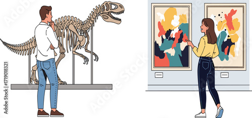 Museum visitors exploring dinosaur skeleton exhibit, modern art gallery paintings, educational cultural activity, man and woman enjoying science and art displays