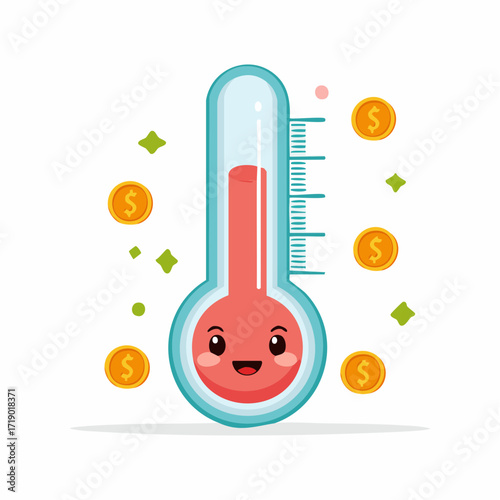Cute thermometer shows rising temperature with gold coins floating around, symbolizing financial growth and success, creating a positive and cheerful mood.