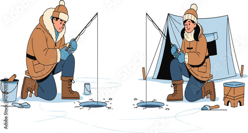Winter ice fishing adventure, people catching fish on frozen lake, outdoor camping tent, cold weather activity, traditional fishing sport lifestyle