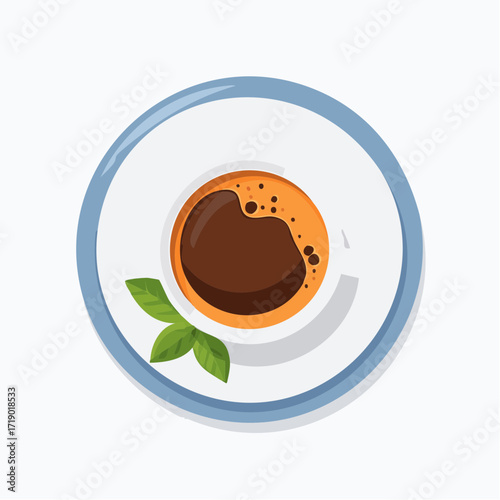 Coffee cup sitting on saucer next to mint leaves viewed from above, creating a simple and refreshing morning beverage scene.