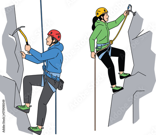 Rock climbing adventure, extreme sport activity, outdoor mountain challenge, climbers with helmets and gear, safe climbing technique, vertical rock wall exploration