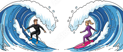 Man and woman surfing big waves, ocean adventure, extreme water sport activity, surfboard riding, tropical sea wave surfing illustration