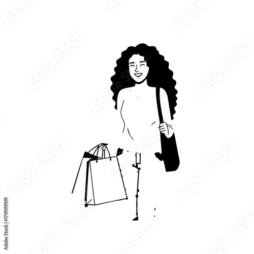 Black and white line art of a beautiful happy woman carrying shopping bags minimalist cheerful illustration