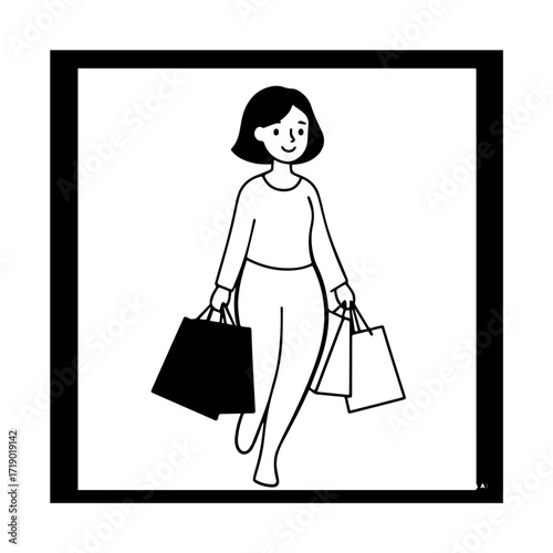 Black and white line art of a beautiful happy woman carrying shopping bags minimalist cheerful illustration