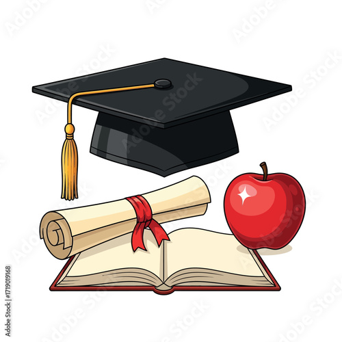 Graduation Cap Diploma Book and Red Apple Representing Academic Achievement and Learning