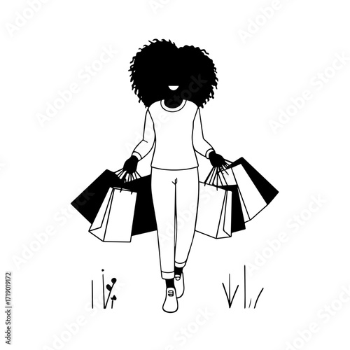 Black and white line art of a beautiful happy woman carrying shopping bags minimalist cheerful illustration