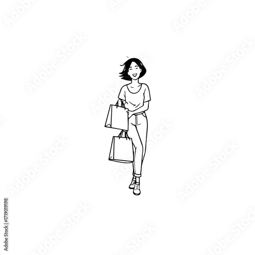 Black and white line art of a beautiful happy woman carrying shopping bags minimalist cheerful illustration