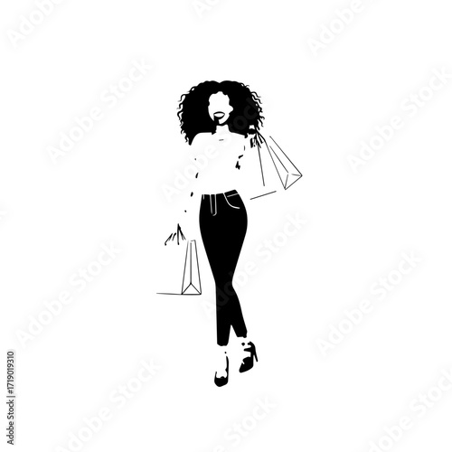 Black and white line art of a beautiful happy woman carrying shopping bags minimalist cheerful illustration