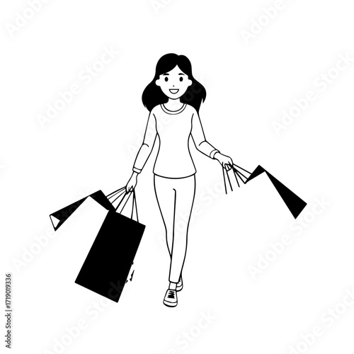 Black and white line art of a beautiful happy woman carrying shopping bags minimalist cheerful illustration