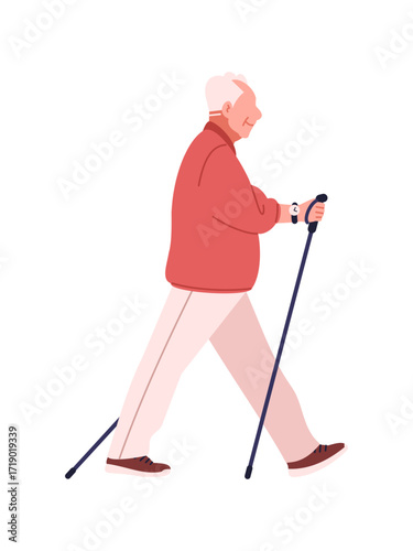 Illustration of Caucasian elderly man having walk using Nordic poles outdoors. Flat design in cartoon style isolated on white background