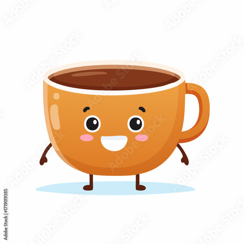 Cute coffee cup character smiling happily on white surface, radiating warmth and cheerfulness. in a professional setting with great clarity.