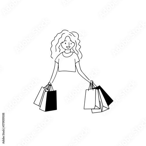 Black and white line art of a beautiful happy woman carrying shopping bags minimalist cheerful illustration