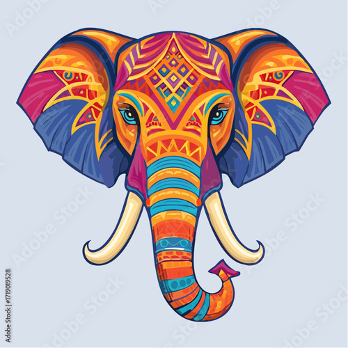 Decorated elephant head displays vibrant colors and intricate patterns on a light blue canvas, showcasing artistic expression and cultural richness.