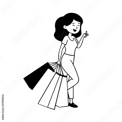 Black and white line art of a beautiful happy woman carrying shopping bags minimalist cheerful illustration