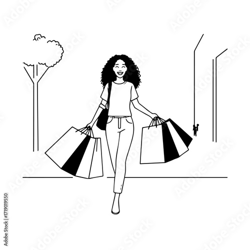 Black and white line art of a beautiful happy woman carrying shopping bags minimalist cheerful illustration