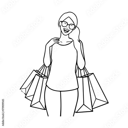 Black and white line art of a beautiful happy woman carrying shopping bags minimalist cheerful illustration