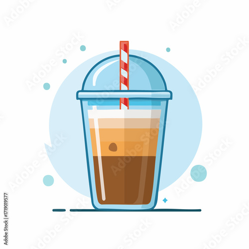 Iced coffee in a plastic cup with a straw sits on a white surface, a refreshing and cool drink on a hot day.