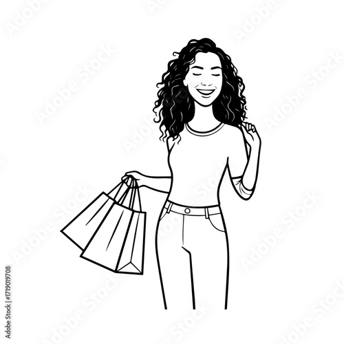 Black and white line art of a beautiful happy woman carrying shopping bags minimalist cheerful illustration