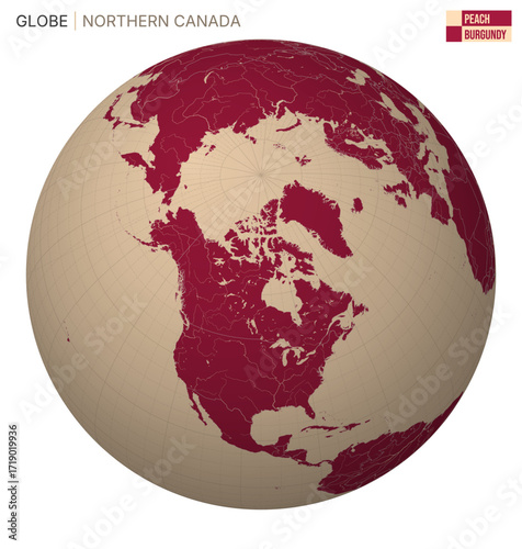 Vector Globe centered to Northern Canada. Peach Burgundy palette. World map with meridians, parallels, countries, rivers and lakes. Classy vector illustration.