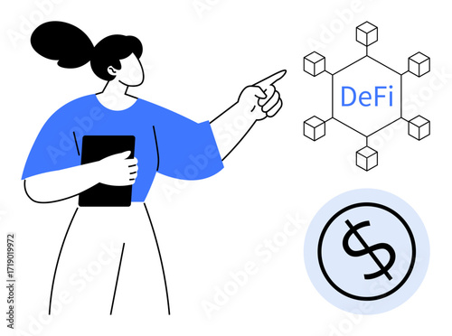 Woman pointing at decentralized network diagram labeled DeFi, holding a tablet. Circular dollar icon adjacent. Ideal for blockchain, finance, technology, education, investment, innovation simple