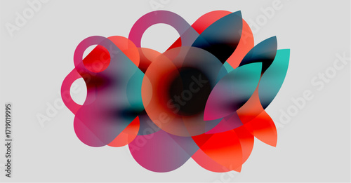Abstract composition. Overlapping translucent circles create vibrant color blends, forming organic shapes against neutral background. Modern design.
